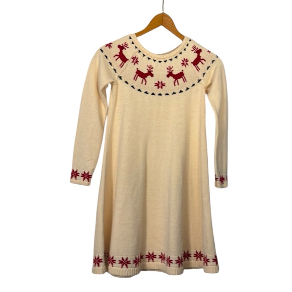 Cream and Red Kids Dress with Reindeer Design